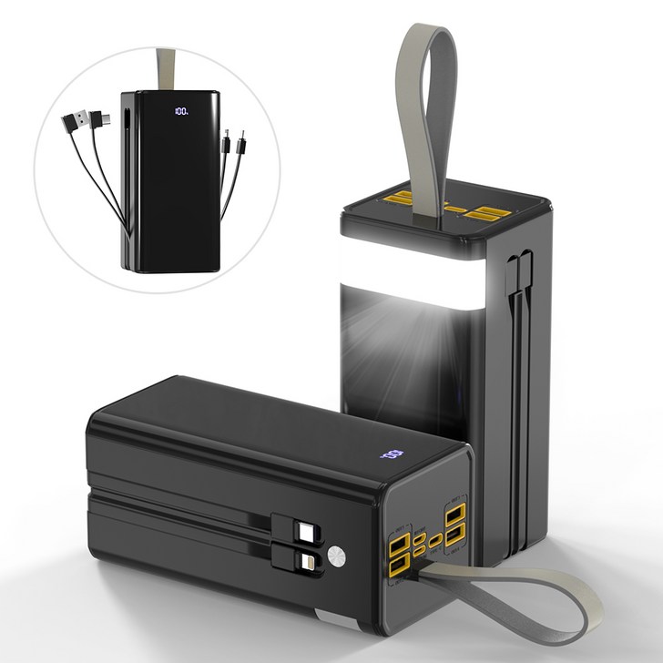 WOWWAY 대용량 보조배터리 50000mAh 고속충전 PDQC3.0 일체형 휴대용 전원 여행용 캠핑용 파워뱅크, 블랙