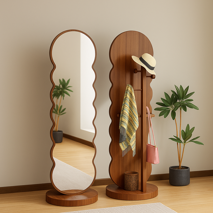 GOOD MOMENT 튼튼한 회전 전신거울 원목 수납 옷걸이 행거, 원목색