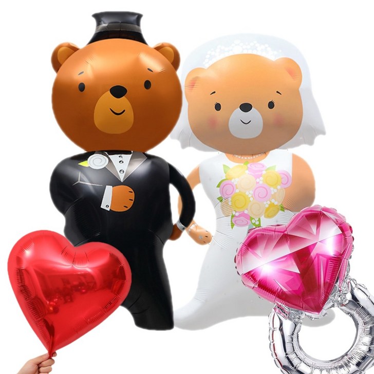 신랑 신부 곰돌이 하트 반지 은박풍선 세트 프로포즈 웨딩촬영 소품, 곰돌이 웨딩풀세트, 1개