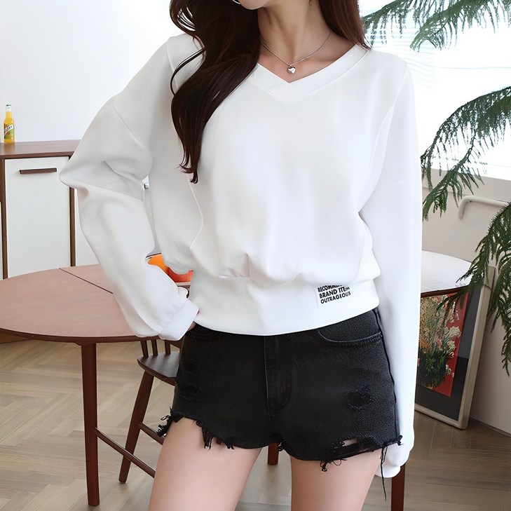 브랜드V넥크롭맨투맨 빅사이즈 오버핏 무지티 브이넥 여성용 패치 밴딩 긴팔티
