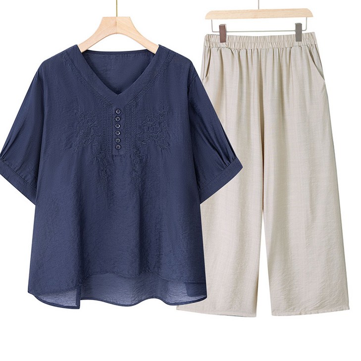 ORZQU 여름 여자 캐주얼 브이넥 반팔 자수 블라우스 중년엄마 심플 티셔츠 상의