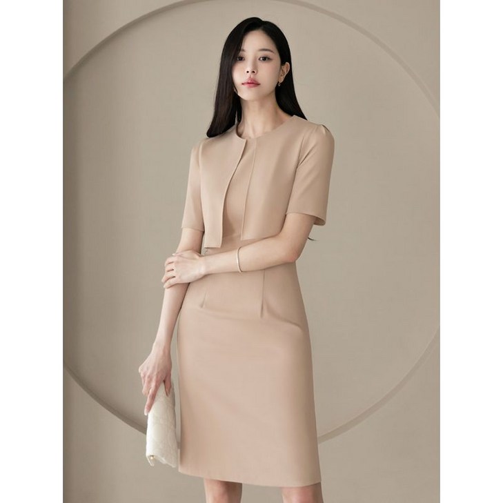 시크라인   XXL까지  베이지 크롭 레이어드 퍼프소매 H라인 원피스 여름 하객룩 오피스룩 데이트 모임 미시 빅사이즈