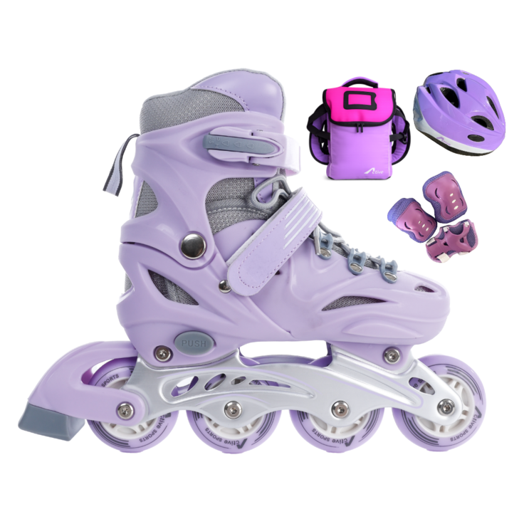 인라인세트 사이즈 조절형 아동용 발광바퀴 인라인 스케이트헬멧보호대가방, 솔리드 퍼플, 1개