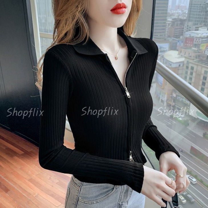 Shopflix 골지 집업 니트 카라 반팔 긴팔 티셔츠