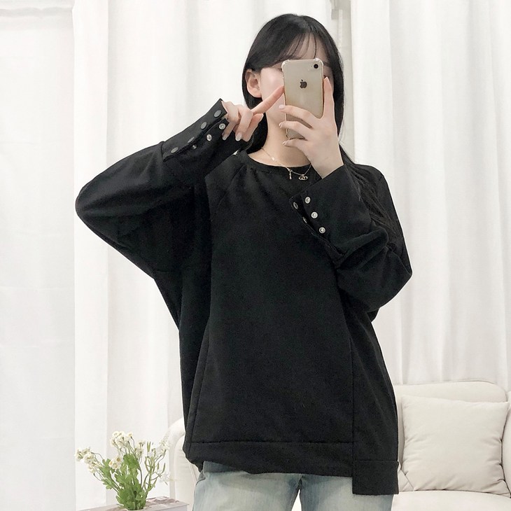 피어니스트 루즈핏 캐주얼 소매 단추 라운드 맨투맨