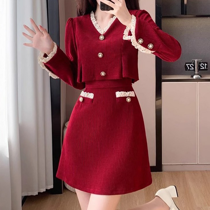 비비에모 모렌 레이스 배색 코듀로이 원피스 11629
