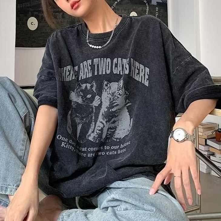 cammello 투캣츠 프린팅 워싱 블랙 오버핏 반팔 티셔츠 빅사이즈 반팔티