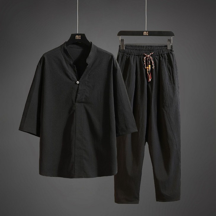 POMTOR 남성 여름 얇은 아이스 캐주얼 세트 면 린넨 반팔 티셔츠바지 투피스 세트