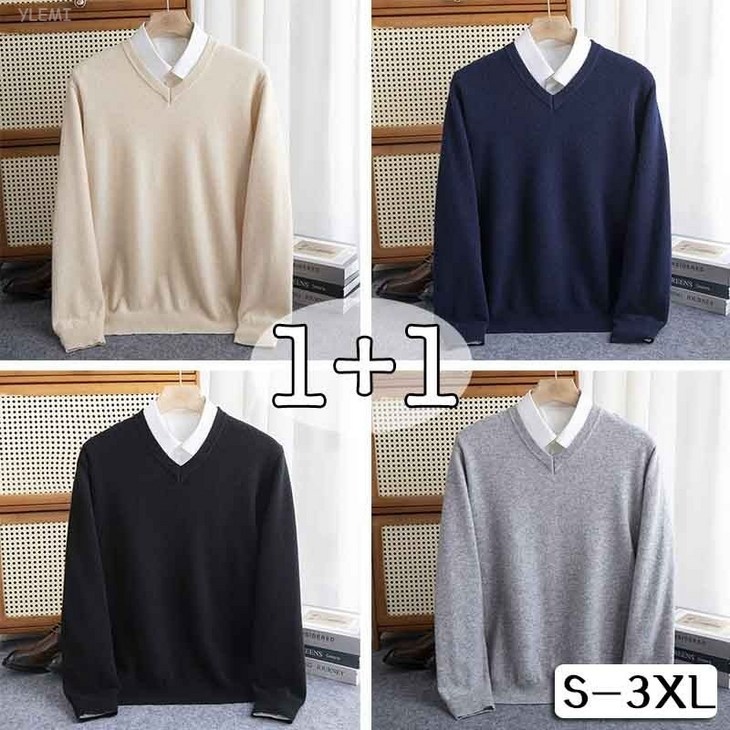 YLEMI 111 남성 가을 겨울 브이넥 스웨터 니트티 기본 단색 스웨터