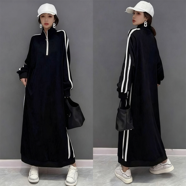 오스틱니 150kg까지 날씬해보이는 원피스 여성 가을 스트라이프 반집업 칼라 제인드 맨투맨 오버핏 이너 긴팔 캐주얼 패션 데일리 클래식배색 빅사이즈 오버사이즈 롱 원피스