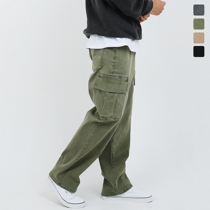 남자 피그먼트 와이드 카고 건빵바지 스판 밴딩 워크 팬츠