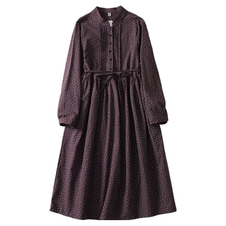 COSYEVNO 여성 긴팔 원피스 날염 도트 허리 스트링 면린넨 미디스커트