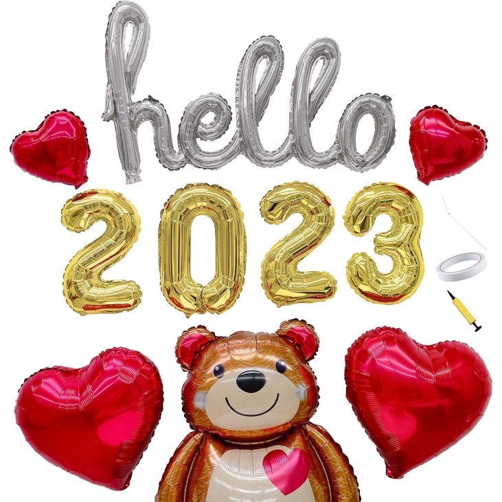 hello 2023 새해 연말 홈 파티 풍선 8종 세트, 7) hello 필기체 실버 + 2023 골드