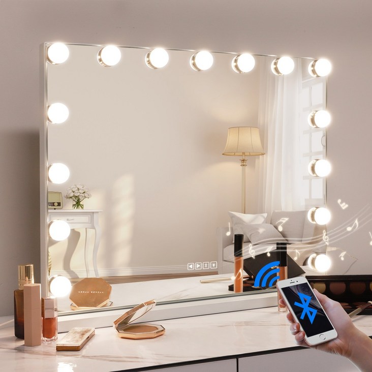 FENCHILIN 블루투스 LED 거울 대형 화장경 조명 할리우드 화장경 스마트 터치스크린 거울 벽면 / 탁상 겸용 거울 흰색 58cm x 46cm, 흰색