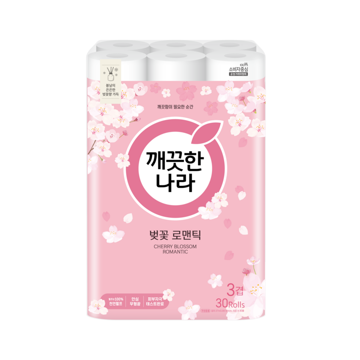 깨끗한나라 3겹 벚꽃 로맨틱 천연펄프 화장지 27m