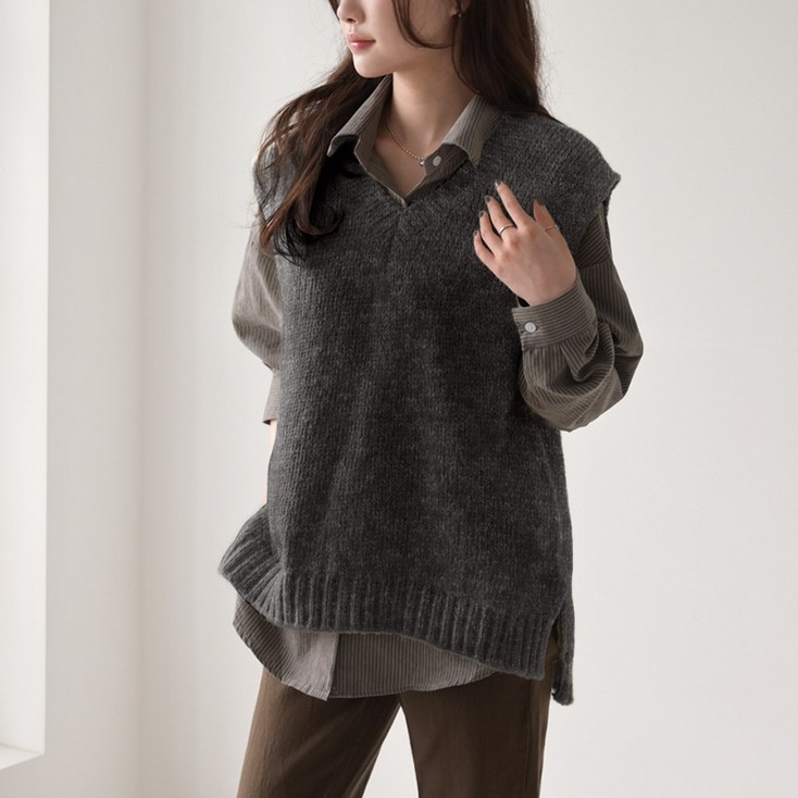 데일리앤 메리온 루즈핏 여성 브이넥 니트 조끼 트임 언발 레이어드 무지 기본 베스트 가을