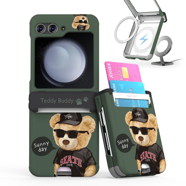 이디즌 갤럭시 Z플립 5  Z플립 6 케이스 컬러 테디시리즈 귀여운 디자인 슬림 카드 2장 수납 힌지보호 충격방지 맥세이프 호환 자석내장