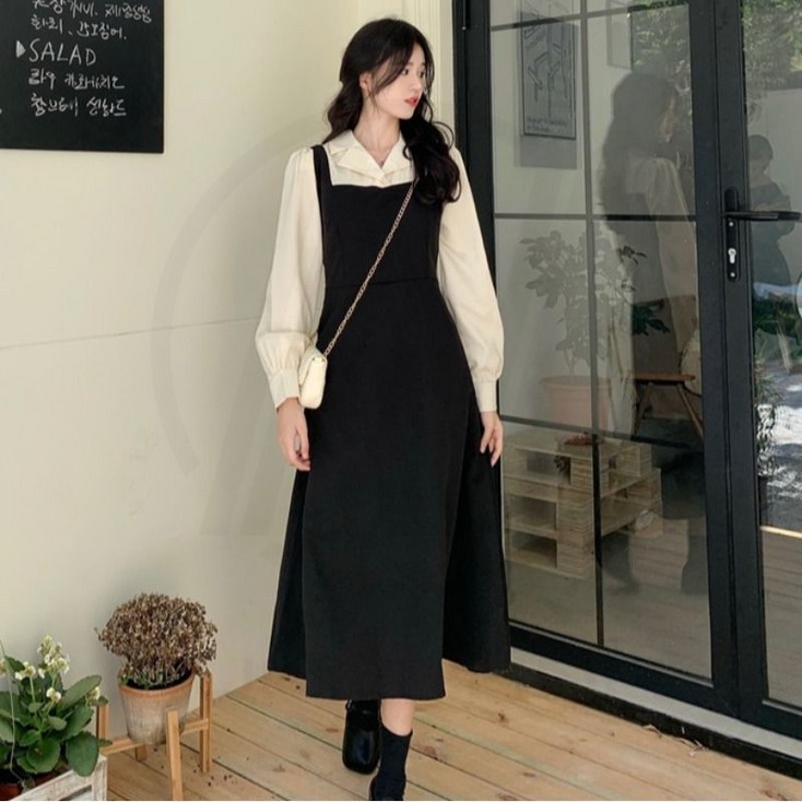 NUNUHANA 봄가을 여성 원피스 하객룩 여신안감 셔츠 컬러 뷔스티에 디자인 롱 기장 AMF1194