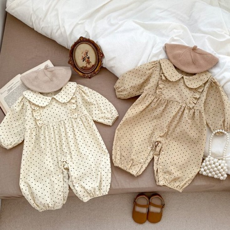 당일발송 신생아 우주복 아기 가을 긴팔 옷 미니 도트 바디슈트 외출복 베이비 촬영의상