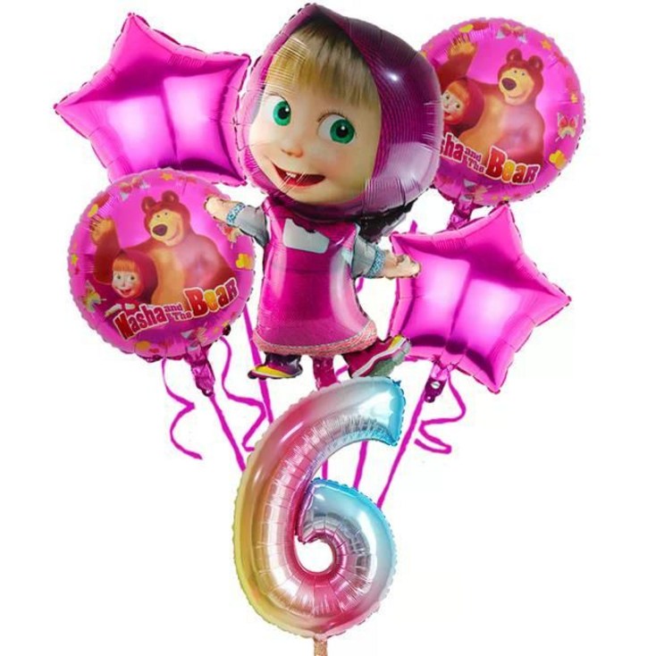 마샤와 곰 숫자 생일 풍선 어린이 파티 용품 장식 베이비 샤워 은박 애니메이션 만화, 6pcs set6
