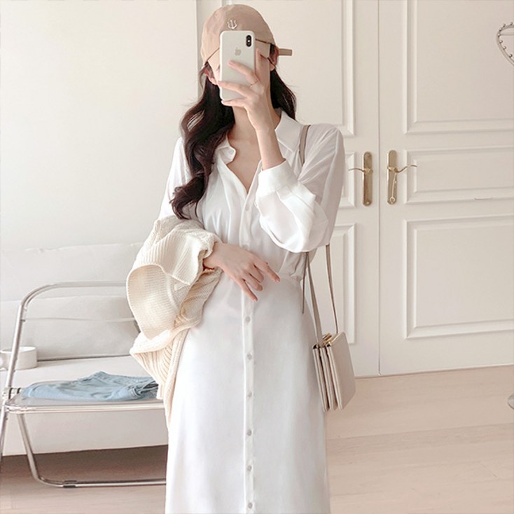 라라홀리 로맨틱 청순 쉬폰 카라 허리끈 롱 셔츠 원피스