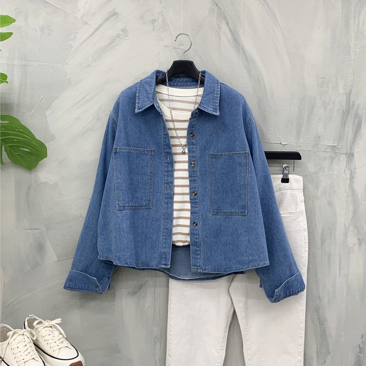 행복여 넛츠 양 포켓 반크롭 루즈핏 데님 청 남방