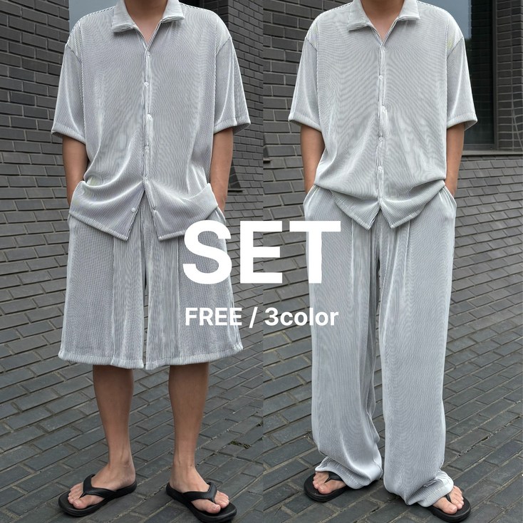 르위 오버핏 플리츠 반팔 카라 셋업 버뮤다팬츠 와이드 세트