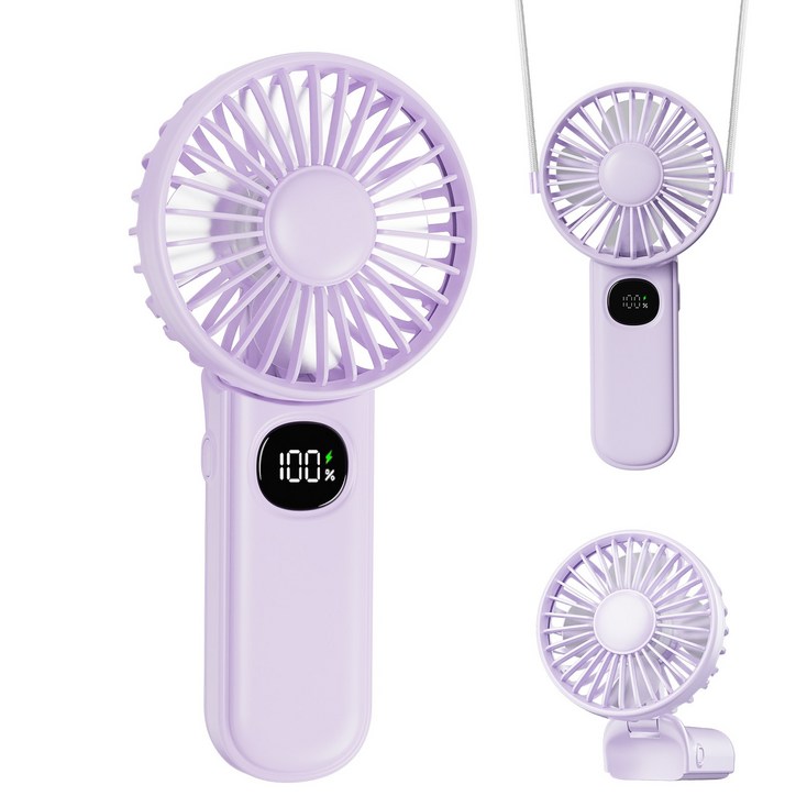 xigmer 미니 선풍기 LED 목걸이선풍기 접이식 손선풍기 휴대용 캠핑용 무선선풍기 5단 풍속, 보라