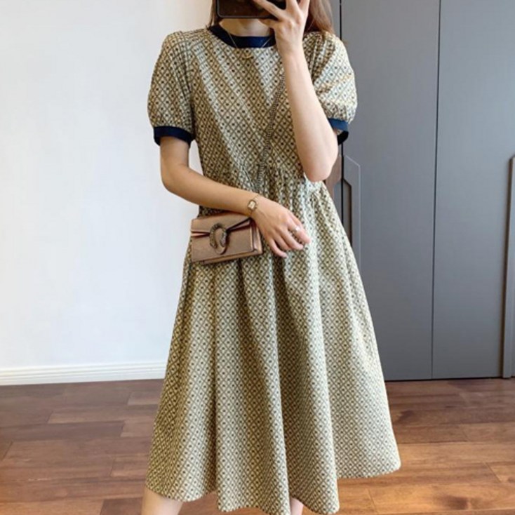 바이미니 코코 패턴 반팔 리본 원피스