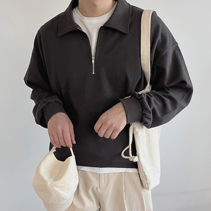 룩샵 남자 남성 데일리 오버핏 무지 카라 특양면 반집업 맨투맨