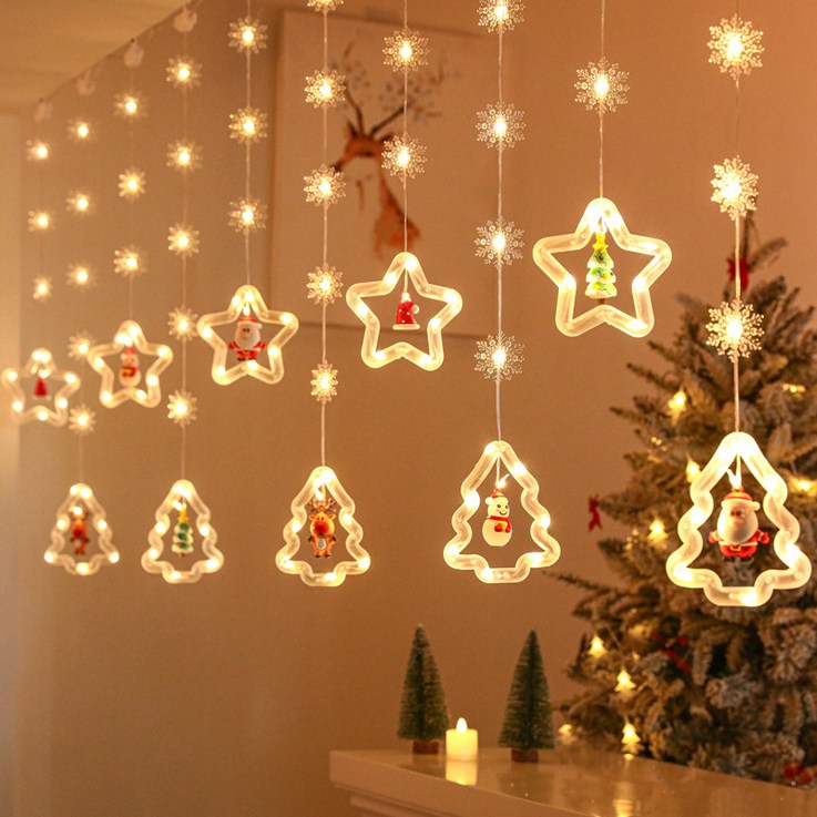 어썸리브 크리스마스 장식 캐릭터 LED 줄조명 가랜드 창문 산타 눈꽃 전구, 트리+별+눈꽃줄
