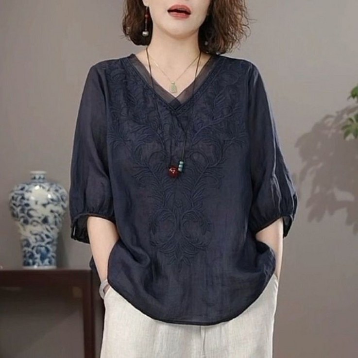 중년 여성 면 마 반팔 티셔츠 여름 캐주얼 자수 브이넥 텐셀 블라우스 얇은 복고풍 반팔티 루즈핏 데일리 멈마 상의 WMY
