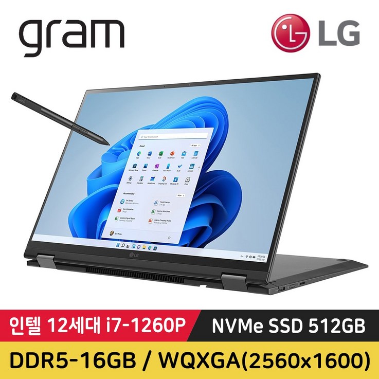 LG전자 그램 360 12세대 i7 512GB 16G 터치스크린 16T90Q 윈도우포함, 16인치 터치스크린, WIN11 Home, 16GB, 512GB, 코어i7, 블랙