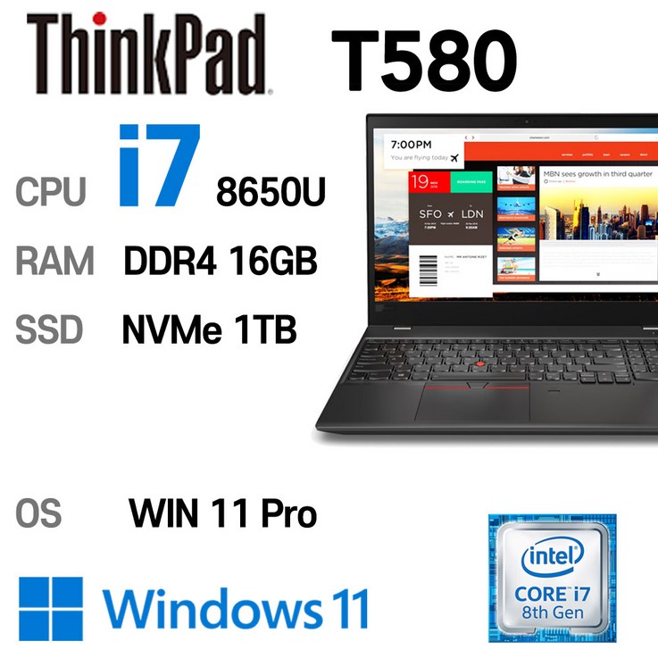 LENOVO 노트북 중고노트북 T580 인텔 8세대 i7-8650U 16GB 듀얼배터리, T580, WIN11 Pro, 16GB, 1TB, 코어i7 8650U, 블랙 20230725