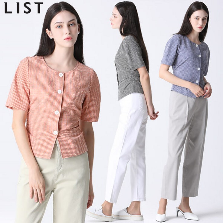 리스트 깅엄 체크 라운드넥 블라우스  택가격 138000원