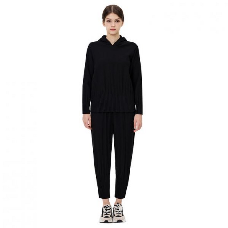 코스트코 요이츠 여성 플리츠 후드 티셔츠 - 블랙
