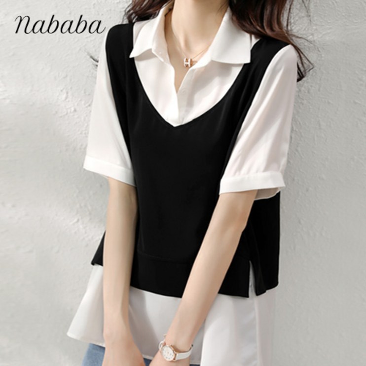 나바바 NB1501 여성 캐주얼 심플 투인원 루즈핏 반팔 셔츠