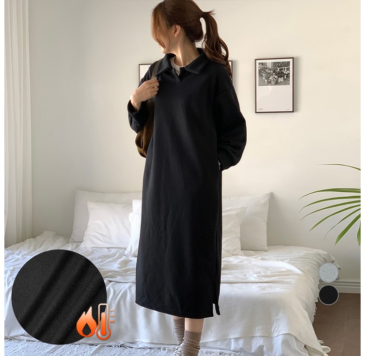 아피나르 여성용 루즈핏 카라 기모 롱 원피스