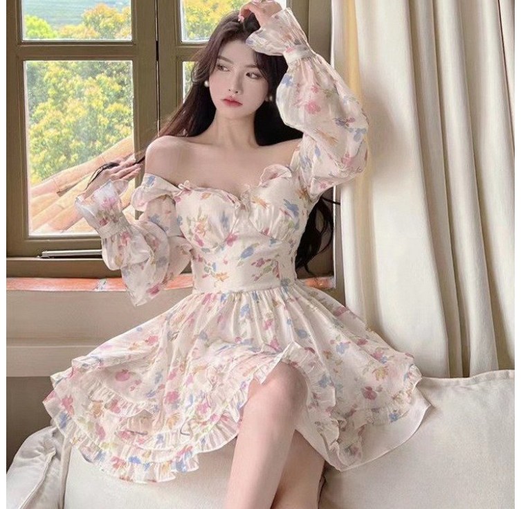 Asure 잔꽃 긴 소매 원피스 A라인 쉬폰 미니 치마