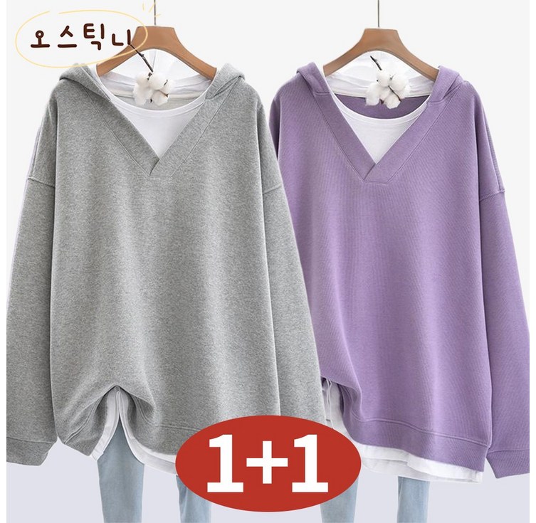 오스틱니150kg까지 특가상품 11  여성 레이어드 브이넥 빅카라 맨투맨 티셔츠 봄 가을 빅사이즈  숄카라 루즈핏 이너 무지 심플 레터링 프린트 블랙 큰옷  긴팔 티 세트