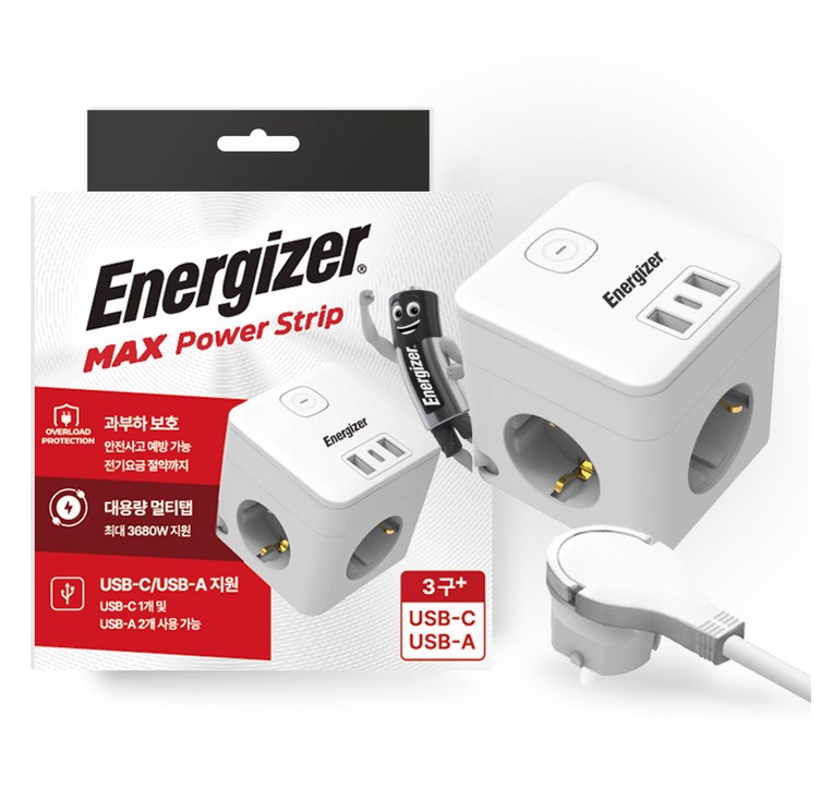 에너자이저 멀티탭 큐브 디자인 납작플러그 4000W 고용량 3구 USBA2구 C타입1구, 흰색, 1개, 1.5m