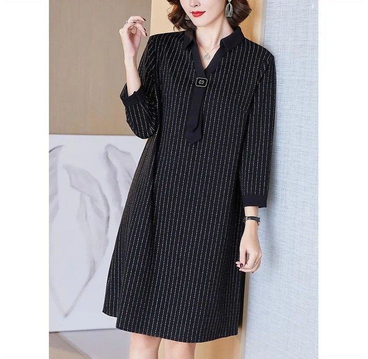 COSYEVNO 여성 봄가을 긴팔 A라인 원피스 스트라이프 카라 장식 LFHmmlyq4