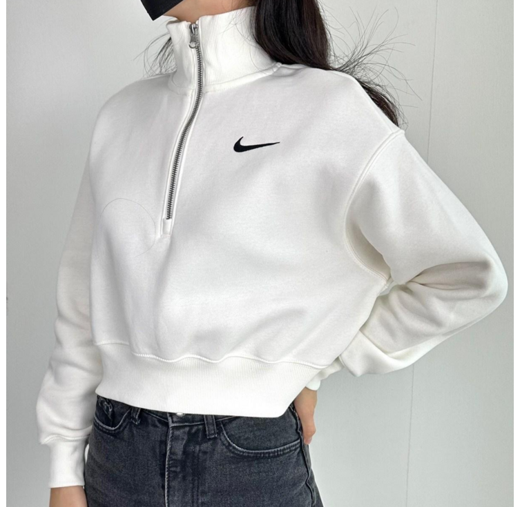 나이키 NSW 여성 맨투맨 크롭 오버핏 플리스 하프 집업 긴팔 스웨트 셔츠 화이트