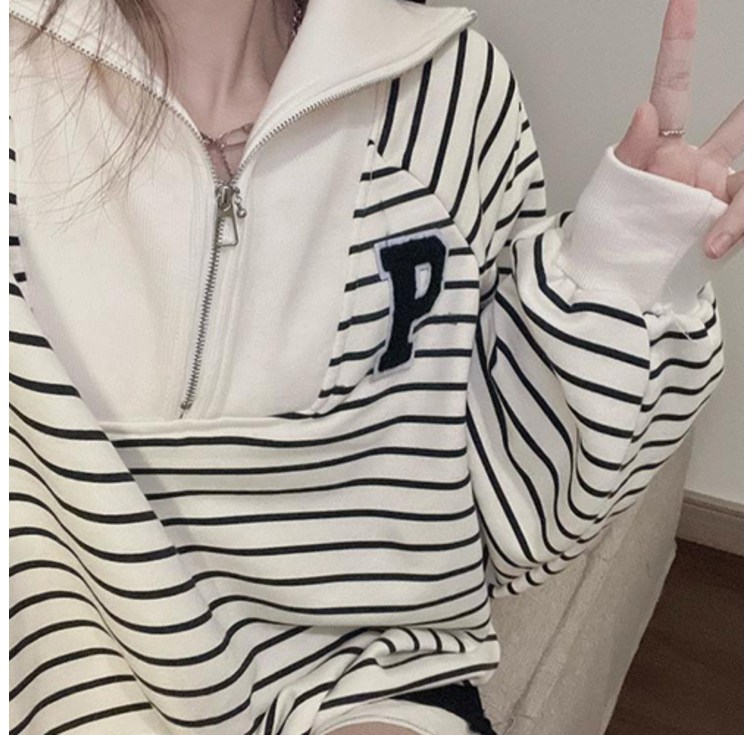 데일로엔 여성용 스트라이프 이니셜 반집업 티셔츠